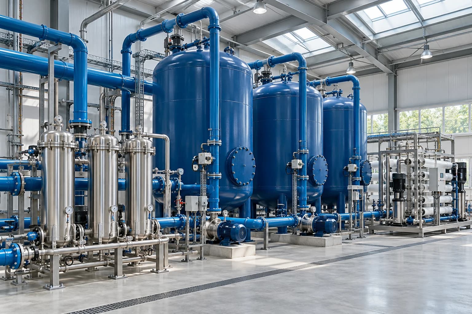 Blue pressure filters, stainless filter housings and supply piping in a clean-water purification hall