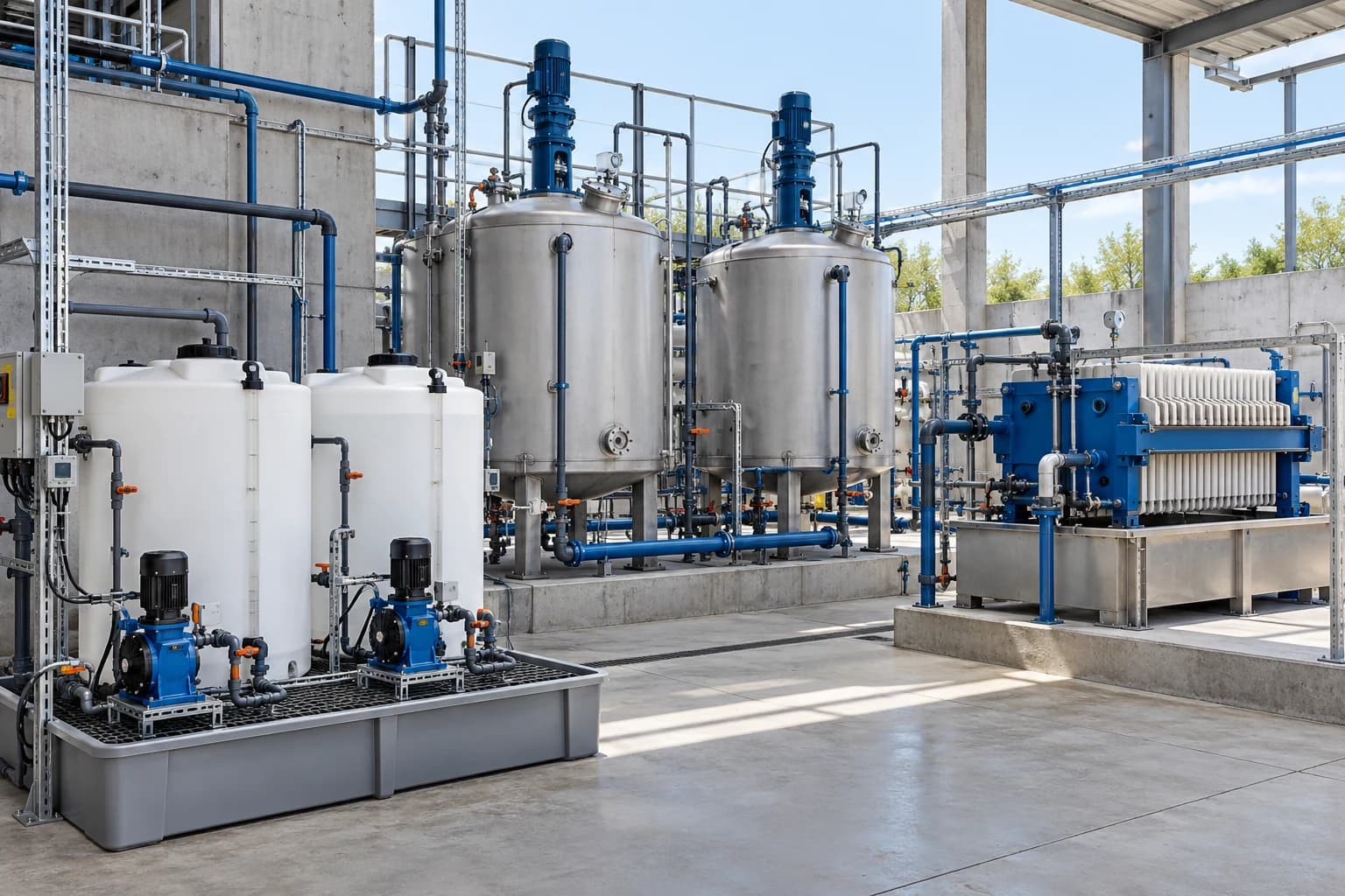 Industrial effluent reaction tanks, chemical dosing pumps and a plate filter press in a factory treatment bay