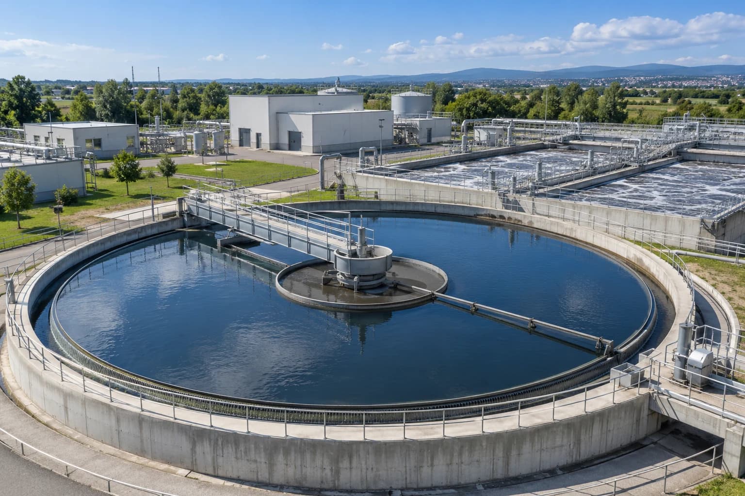 Sewage treatment clarifier with a scraper bridge, adjacent biological aeration tank and handrailed walkways